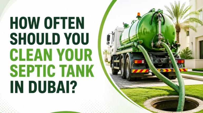 "Septic tank cleaning Dubai service truck removing wastewater from a residential septic tank system in Dubai, UAE."
