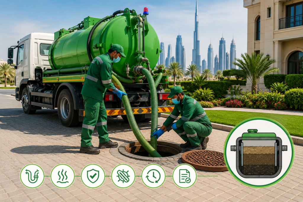 "Professional septic tank cleaning service in Dubai using a vacuum tanker truck to remove wastewater and maintain residential sewage systems."