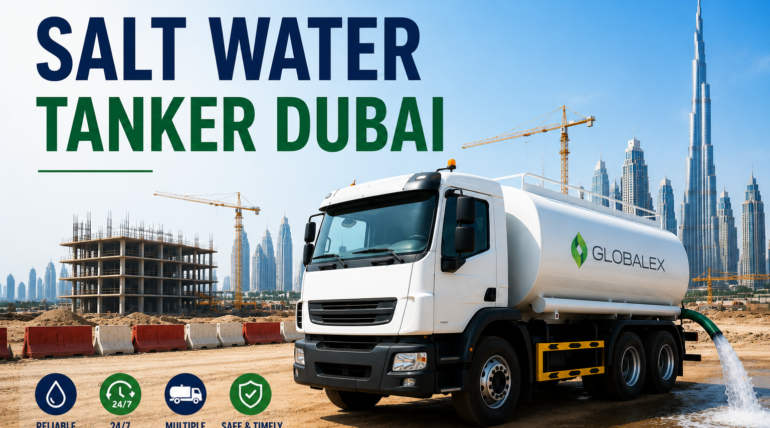 Salt Water Tanker Dubai providing bulk salt water supply at a construction site with Dubai skyline in the background