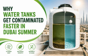 "Professional rooftop water tank cleaning service in Dubai with a technician pressure washing a residential water storage tank during summer."