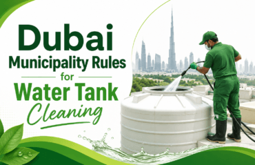 "Dubai Municipality rules for water tank cleaning illustrated with a technician cleaning a rooftop water storage tank against the Dubai skyline."