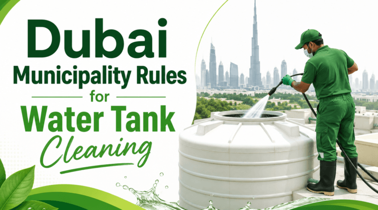 "Dubai Municipality rules for water tank cleaning illustrated with a technician cleaning a rooftop water storage tank against the Dubai skyline."