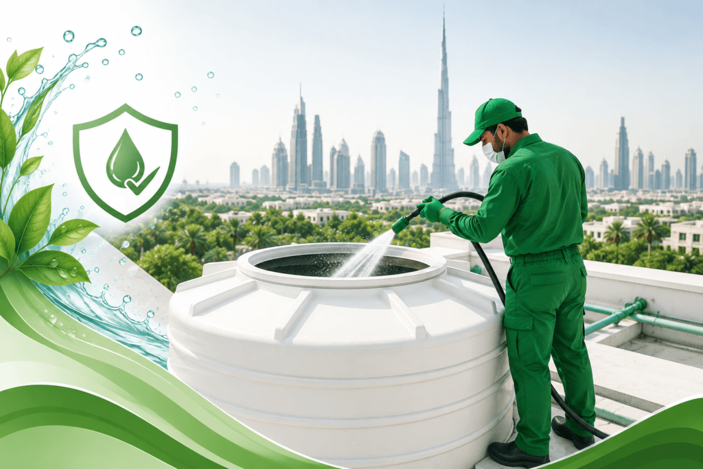 "Professional technician cleaning a rooftop water storage tank in Dubai with the city skyline in the background."