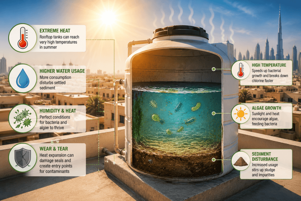 "Rooftop water tank in Dubai exposed to extreme summer heat showing bacterial growth, algae, and sediment buildup that cause water contamination."
