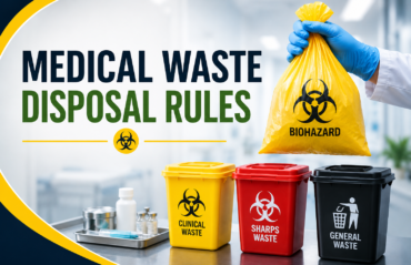 "Medical waste collection Dubai illustration showing a healthcare worker holding a yellow biohazard bag with clinical waste bins for safe and compliant medical waste disposal."