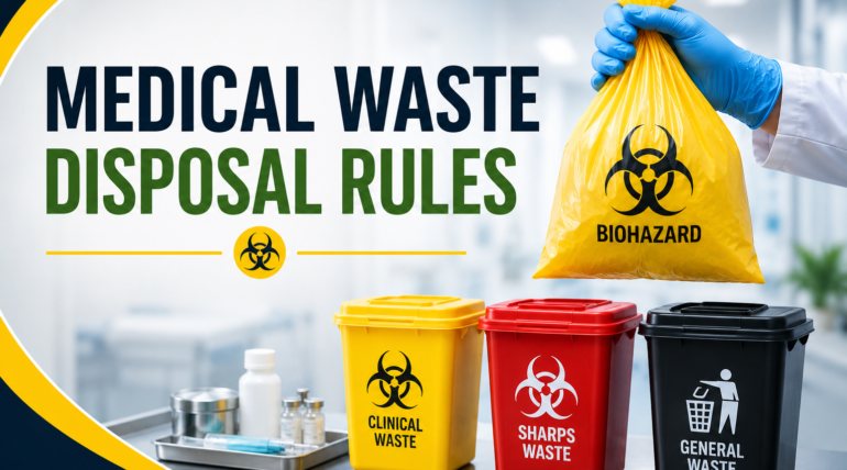 "Medical waste collection Dubai illustration showing a healthcare worker holding a yellow biohazard bag with clinical waste bins for safe and compliant medical waste disposal."