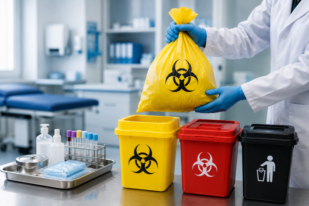 "Healthcare worker handling a yellow biohazard medical waste bag beside color-coded clinical waste bins in a modern Dubai healthcare facility."
